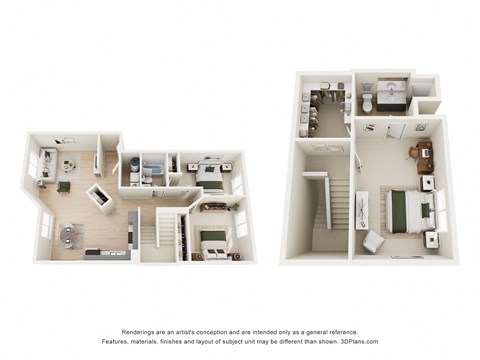 A 3D floor plan of a house with two bedrooms, a living room, a kitchen, and a bathroom.